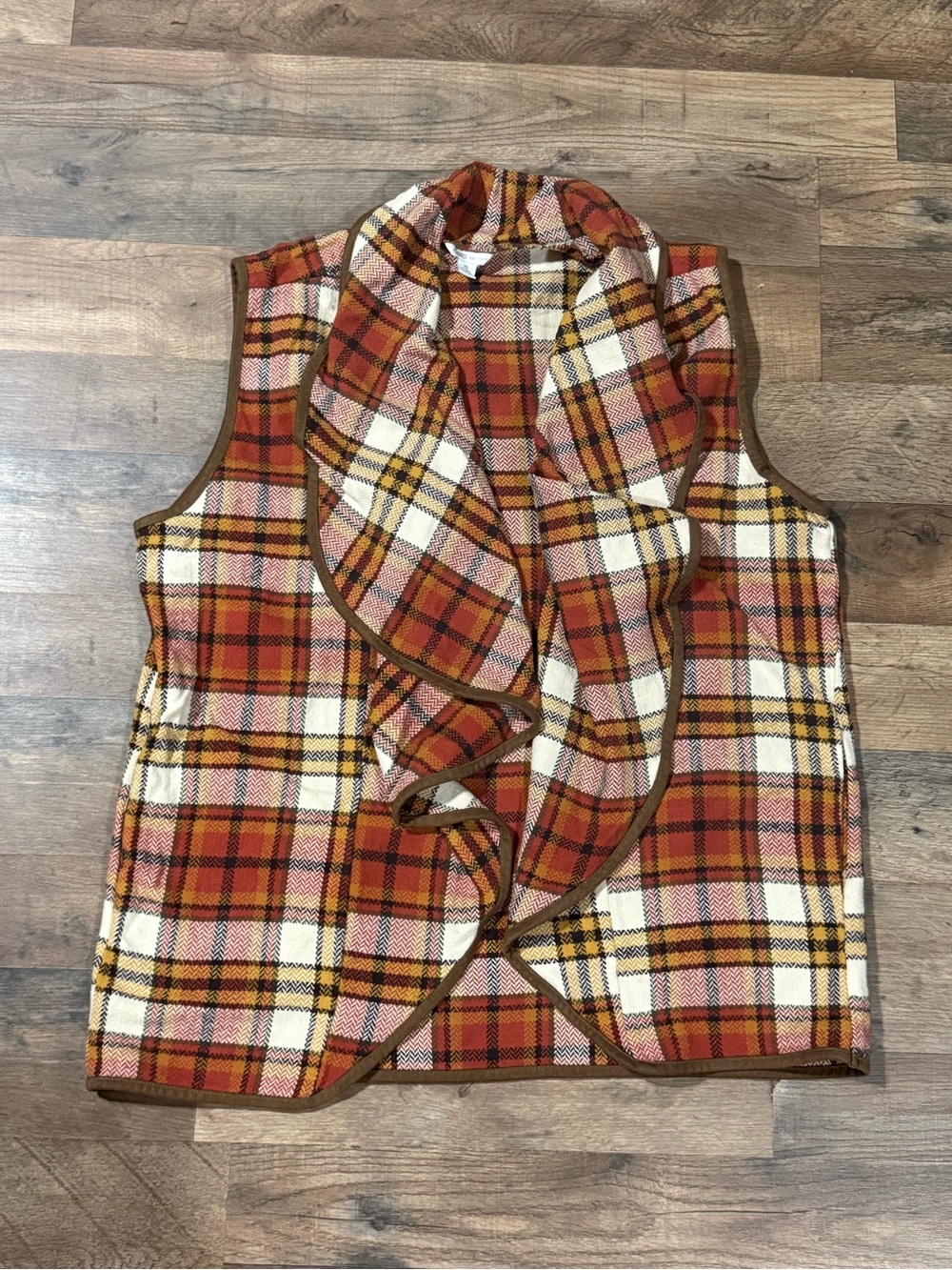 Plaid Ruffle-Front Women’s  Vest in Orange, Cream & Yellow